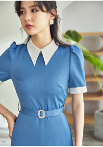 Đầm body bút chì phối cổ sơ mi trắng xanh