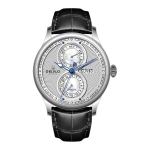OBLVLO Fashion Design Mens Mechanical Watch 24-Hour Date Multifunctional Blue Leather Strap Automatic Watches AM-PW