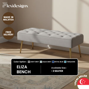 Flexidesignx ELIZA 2 Seater Bench 120cm Grey Velvet Fabric Gold Metal Legs