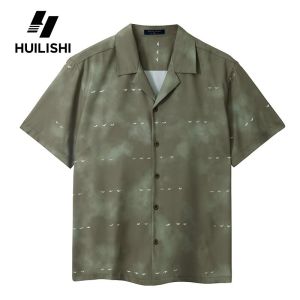 HUILISHI Casual Silk Drape Collar Short Sleeve Shirt with Abstract Print