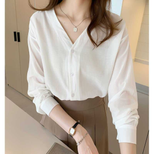 V neck Long sleeve blouse for women casual palin shirt