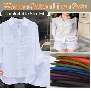 Women Cotton Linen Sets Long Sleeve Blouse Elastic Waist Shorts Suits Loose Comfortable Slim Fit House Clothes Pajamas