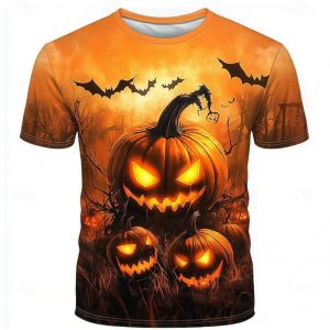 Halloween Pumpkin 3D Digital Printed Parent Child Short Sleeve T-shirt with Bat Pattern Loose Cross border Round Neck Top