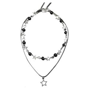Hollow Star Pendant Necklace with Black Bead Adjustable PU Leather Rope Choker Double Layer Neckchain for Daily Wear