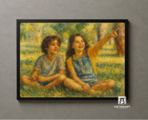 Tranh Nghệ thuật "Hai Đứa Trẻ Đang Ngồi Trên Bãi Cỏ" VIETSMART ART - Acrylic 45 x 60cm