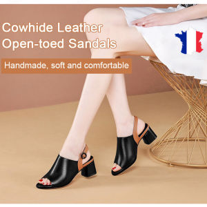 Womens Medium Heel Sandals Soft Leather Thick Heel Buckle Strap Sandals