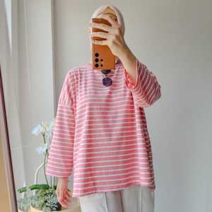 Emikoawa Kaos Atasan Wanita Oversized - Top Oversize Stripes Kaos Salur Tee