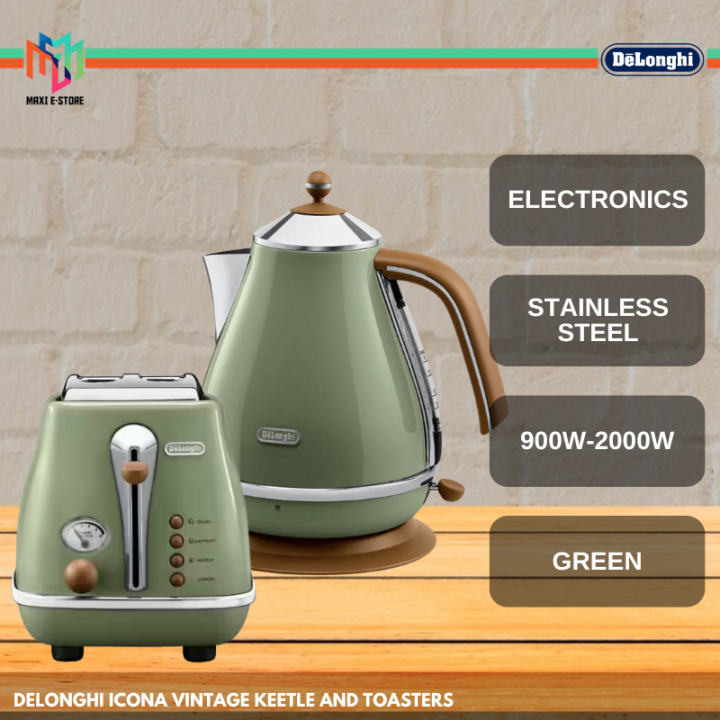 DeLonghi KBOV2001 Icona Vintage Jug Kettle Toaster 2 Slice CTOV2103 Green Colour KBOV2001.GR CTOV2103.GR Cerek Dan Pembakar Roti Lazada