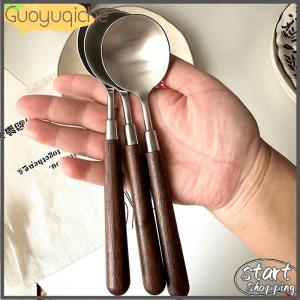 【Guoyuqiche】 Stainless Steel Soup Spoon Creativity Portable Wood Grain Spoons For Ice Cream Dessert Scoops Tablespoon Kitchen Accessories