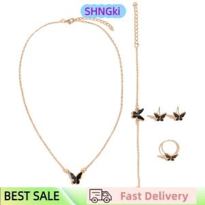 SHNGki 5PCS Fashion Butterfly Pendants Necklace Earrings Ring Bracelet Sets For Women Jewelry Set Bridal Wedding Jewelry Gift