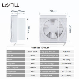 Quạt thông gió 2 chiều với lỗ chờ 200 x 200mm Model LAVFILL LFW-15DK