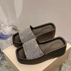 [Free Shipping] New Summer Styles For Women: Platform Sandals With Rhinestone Embellishments Solid-Color Wedge Beach Sandals And Square-Toe Slip-On Sandals For Outdoor Wear