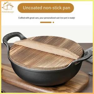 Cast Iron Pot with Lid & Dual Handle Flat Bottom Stir Fry Pan Non Stick Heavy Dutch Soup Pot for Gas Induction Cooker