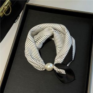 INTOONE Printed Silk Scarf Thin Pearl Buckle Neckerchief Fashion Soft Neck Scarf Women