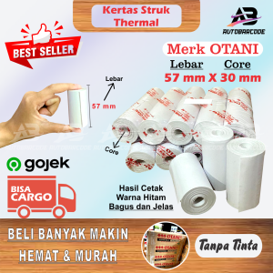 Paket 10 Roll Kertas Struk setruk Thermal / Thermal Otani 58mm / Termal Otani 58 mm / Ukuran Otani 57X30 / 57X31 / 58X31 / 58X30 Print Tanpa Tinta Murah Berkualitas Kertas Putih Warna Tulisan Hitam Pekat Print / Perint 57mm / 57 mm