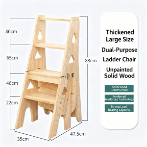 Solid Wood Folding Chair Shelves Chair Ladder Chair 3 Layers Step Chair Study Chair Children Chair