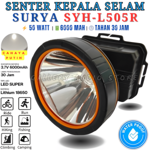 Senter Kepala Selam SURYA SYH L-505R 50 Watt | Senter Selam Surya SYH L-505R Waterproof Bisa Di Cas Baterai 6000mAh Tahan Hingga 30 Jam | Gallery Audio