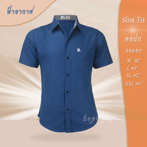 เสื้อเชิ้ตคอปกแขนสั้น สีฟ้าอากาศ