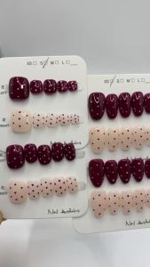 Wine Red Nude Polka Dot Press On Nails Short Square Handmade Fake Nails Glossy Reusable False Nails