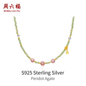 ZHOU LIU FU 周六福 S925 Sterling Silver Necklace with Peridot Turquoise Agate Crystal Aquamarine Beads Fashionable Jewelry Gift for Women 40+5cm J0514742 J0614806