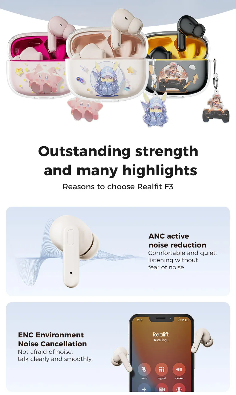 realfit F3 ANC Bluetooth 5.4 หูฟังบลูทูธ -38dB ตัดเสียงรบกวน พร้อมไมโครโฟน Bass หูฟัง คุณภาพเสียงดี