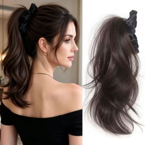 GOXBERK 16 inch Tóc giả đuôi ngựa kẹp nơ Tóc nối Hợp chất tổng hợp Tóc đuôi ngựa xoăn sóng bồng bềnh Thanh lịch Tự nhiên Tóc giả đuôi ngựa dành cho phụ nữ
