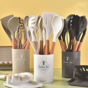 12PCS Silicone Kitchen Utensil Set Natural PP Handle Non-stick Cooking Shovel Kitchen Tool Utensils Spatula Set Heat Resistant 446°