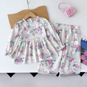Bear Leader Fall Clothing Sets for Baby Girls Lace Flower Printing Long Sleeves Tops and Floral Pants 2 Pieces Suits 3 to 7 Years Kids Childrens Casual Autumn Clothes Spring Outfits