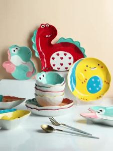 【PPO0】Childrens bowl tableware set dinosaur bowl ceramic plate cute cartoon animal plate pupil breakfast plate for one person / Diju Cute Dinosaur Animal Ceramic Healthy Tableware Personal Household Eating Bowl Children Cute Dish Snack Dish