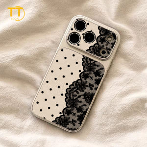 Tri-Town Black Lace Pattern Design Leather Phone Case For iPhone 16 17 15 14 13 12 11 Pro Max Cover with Phone Strap #IM31