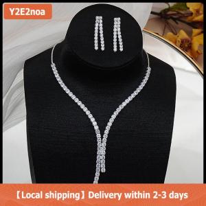 【Local shipping】 2Pcs Simple Geometric Zircon Necklace Earrings Kit For Women Wedding Bride Jewelry Set Accessories Gift