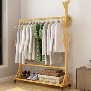 ราวแขวนเส้อผ้า ราวไม้อเนกประสงค์ ราวตากผ้า ล้อลากหมุนได้ 360 องศา ชั้นวางเสื้อผ้าไม้ไผ่ coat rack