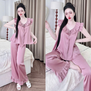 Đồ Ngủ Lụa Nữ HEUN YOUNG Bộ Quần Dài Cánh Tiên Cổ Bèo Lụa Latin Mềm Mịn Freesize 45–65kg