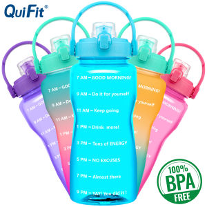 QuiFit 2L 64OZ Motivational Water Bottle with Width Mouth Flid-Flod Lid and Time Marker BPA Free Large Kettle LeakProof Durable Bottles for Fitness Outdoor Enthusiasts(Without Straw)