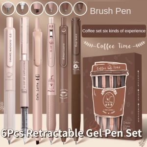 5Pcs Retractable Gel Pen Set 1Pc Highlighter Ballpen sign pen/ball pen gel pen school Coffee Limited