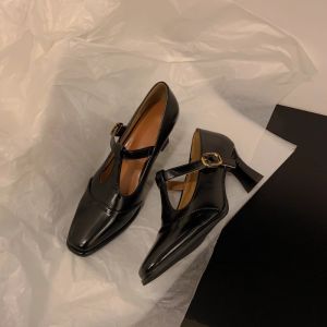 IELGY French Vintage Womens High Heels 2025 New Square Toe Block Heel Straight Buckle Mary Jane Shoes Colour-blocked Shoes
