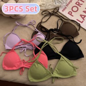 【3PCS Set】 Womens Bra with Straps and Padded Breast Basic Beachwear Triangle Cup Bra Womens No Wire Bra Beauty Back Strap Thin Underwear