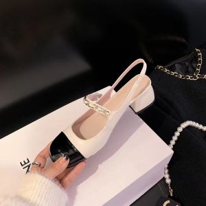 [Free Shipping] Womens Summer Sandals with Chunky Heel Rhinestone Square Toe One-Strap High Heels with Chain