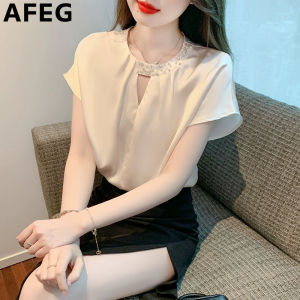 AFEG solid color Korean version crewneck fashion loose and thin nailed bead chiffon bat short-sleeved blouse for women