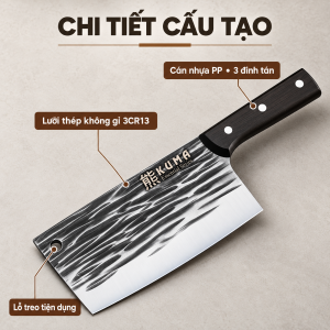 Dao Chặt Thái (Gà - Vịt) đa năng KUMA thép Nhật không gỉ - Hàng cao cấp Chính Hãng   | Lưỡi thép không gỉ 3CR13   | Lỗ treo tiện dụng   | Cán nhựa PP - 3 dinh tán