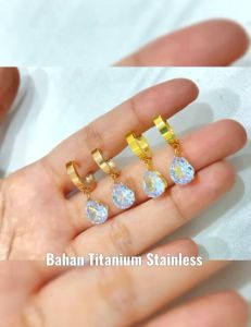 Anting Titanium Asli Permata Anti Karat Stainless stell Fashion Beauty Asesoris Perhiasan Wanita Korea Import Premium Terbaik Jewelry 18K 24K Lapis Emas Imitasi Rose Gold Silver Model Love Tetes Air Warna Lebih Awet Aksesoris Perempuan Dewasa