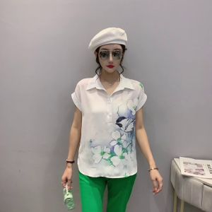 REHIN Womens top Summer new cartoon print short-sleeved shirt loose lapel elegant chiffon blouse