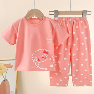 ChoiFoo Choifoo เซตชุดนอนเด็กแขนสั้นชุดนอนผ้าคอตตอนเด็กชุดนอนการ์ตูนน่ารักชุดนอนเด็กผู้หญิงทรงหลวมเสื้อผ้าลำลอง2ชิ้นเสื้อผ้าใส่อยู่บ้านเหมาะกับผิวสบาย