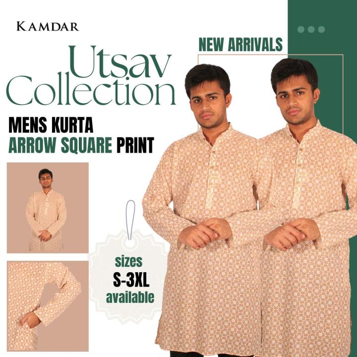 Kamdar Men'S Arrow Square Print Kurta 100% Cotton Linen S-5Xl Plus