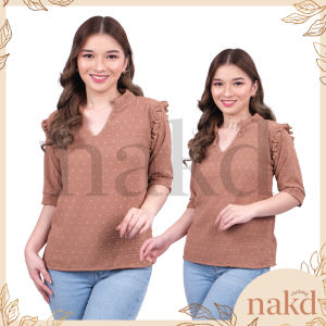 NAKD FASHION GELINE CHINESE COLLAR V NECK BASIC CASUAL OFFICE RUFFLE 3/4 BLOUSE TOP FOR WOMEN 1702