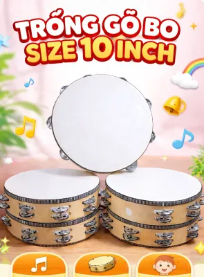 Trống gõ bo size 10 inch - Thân nhựa giả gỗ mặt da trắng - Nhạc cụ cho trẻ em