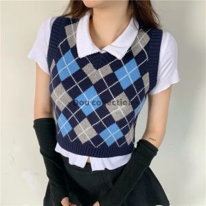 Áo Gile Họa Tiết Caro Vintage Áo Len Không Tay Cổ V Cá Tính Thời Trang Thu Đông - Mã TA002