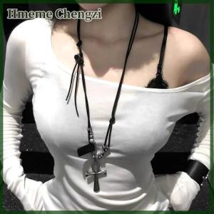 Hmeme Y2K Retro Metal Cross Pendant Necklace For Women Girls Punk Gothic Black Rope Long Sweater Chain Fashion Party Jewelry Gifts