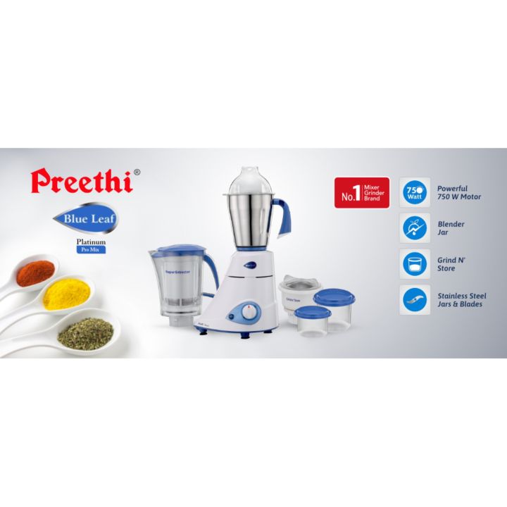Preethi Blue Leaf Platinum Jar-MG 139 750-Watt Mixer Grinder 750