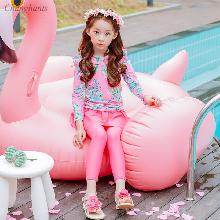 Swimming Outfit for Kids Girls Long Sleeve Rash Guard for Children Pink  with Flowers Pattern Swimming Suit for Girls 2-10 Y Child Two Pieces  Swimwear